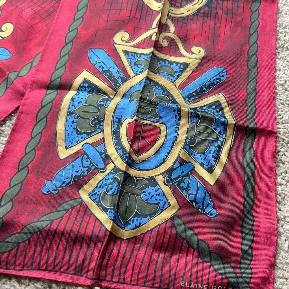 VTG Silk Scarf Elaine Gold Crest Shield Red Gold Equestrian Wrap 50